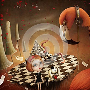 Fantastic illustration Alice and Flamingo