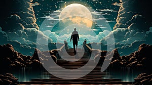 Fantastic Illustration. Figure Walking Stairs. Large Moon in the Sky. Generative AI.