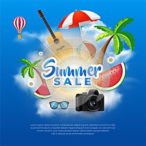 Fantastic and Incredible Summer sale design background vector with watermelon, camera, glasses, guitar, beach ball and umbrella