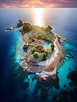 A fantastic island with a turquoise ocean beach in the beautiful sunset