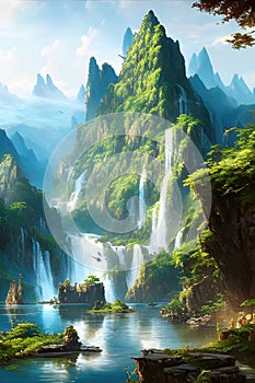 fantastic landscape with beautiful mountains and waterfalls, a utopian land. Generative AI photo