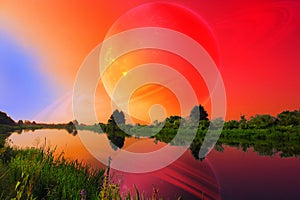 Fantastic Landscape with Large Planet over Tranquil River