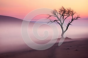fantastic landscape, one tree on the sand at sunset with fog, beautiful pink sky