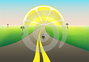 Fantastic landscape road to the horizon, citrus sunrize in the starry sky, horizontal vector