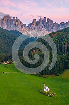 The fantastic landscape of Santa Maddalena village and Dolomites Geisler mountain group.