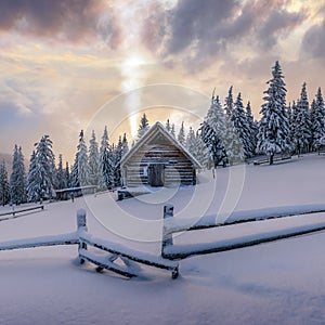 Fantastic landscape with snowy house