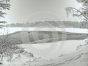 Fantastic landscape unfrozen pond with trees around