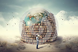 A fantastic library with books around the globe, a reader with a book. September 8 is the International Literacy Day. Generation