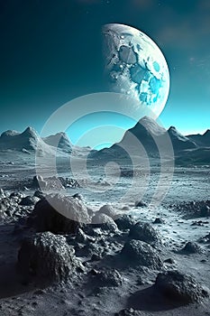 Fantastic lunar surface and blue Earth planet at night in deep space. Generative AI illustration