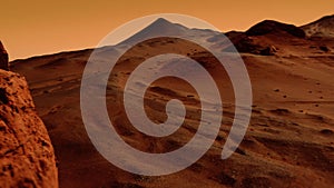 Fantastic martian landscape in rusty orange shades, Mars surface, Desert, Cliffs, sand. Alien landscape. Red planet mars