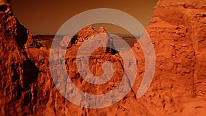 Fantastic martian landscape in rusty orange shades, Mars surface, Desert, Cliffs, sand. Alien landscape. Red planet mars