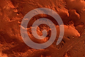 Fantastic martian landscape in rusty orange shades, Mars surface, Desert, Cliffs, sand. Alien landscape. Red planet mars