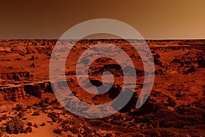 Fantastic martian landscape in rusty orange shades, Mars surface, Desert, Cliffs, sand. Alien landscape. Red planet mars