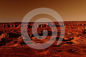 Fantastic martian landscape in rusty orange shades, Mars surface, Desert, Cliffs, sand. Alien landscape. Red planet mars