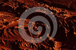 Fantastic martian landscape in rusty orange shades, Mars surface, Desert, Cliffs, sand. Alien landscape. Red planet mars