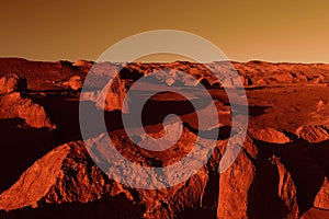 Fantastic martian landscape in rusty orange shades, Mars surface, Desert, Cliffs, sand. Alien landscape. Red planet mars