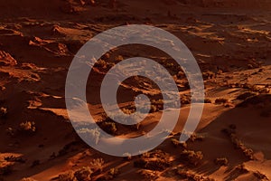 Fantastic martian landscape in rusty orange shades, Mars surface, Desert, Cliffs, sand. Alien landscape. Red planet mars