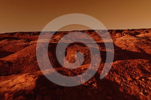 Fantastic martian landscape in rusty orange shades, Mars surface, Desert, Cliffs, sand. Alien landscape. Red planet mars