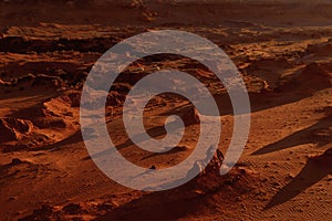 Fantastic martian landscape in rusty orange shades, Mars surface, Desert, Cliffs, sand. Alien landscape. Red planet mars