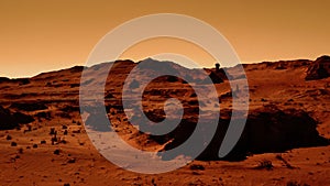 Fantastic martian landscape in rusty orange shades, Mars surface, Desert, Cliffs, sand. Alien landscape. Red planet mars