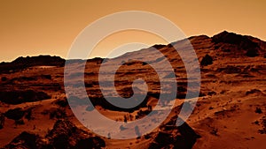 Fantastic martian landscape in rusty orange shades, Mars surface, Desert, Cliffs, sand. Alien landscape. Red planet mars