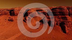 Fantastic martian landscape in rusty orange shades, Mars surface, Desert, Cliffs, sand. Alien landscape. Red planet mars