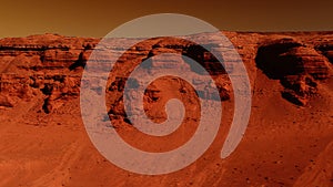 Fantastic martian landscape in rusty orange shades, Mars surface, Desert, Cliffs, sand. Alien landscape. Red planet mars