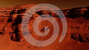 Fantastic martian landscape in rusty orange shades, Mars surface, Desert, Cliffs, sand. Alien landscape. Red planet mars