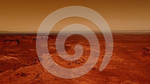 Fantastic martian landscape in rusty orange shades, Mars surface, Desert, Cliffs, sand. Alien landscape. Red planet mars