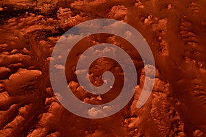 Fantastic martian landscape in rusty orange shades, Mars surface, Desert, Cliffs, sand. Alien landscape. Red planet mars