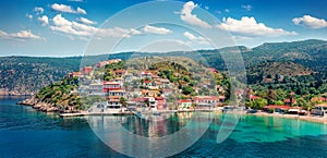 Fantastic morning cityscape of Asos village on the west coast of the island of Cephalonia, Greece, Europe. Wonderful spring sescap