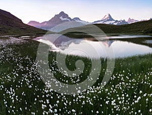 Fantastic morning panorama of Bachalp lake / Bachalpsee, Switzerland. Picturesque autumn sunset in Swiss alps, Grindelwald