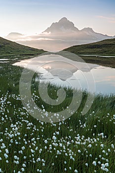 Fantastic morning panorama of Bachalp lake / Bachalpsee, Switzerland. Picturesque autumn sunset in Swiss alps, Grindelwald