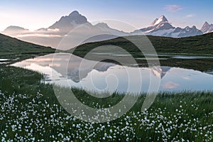 Fantastic morning panorama of Bachalp lake / Bachalpsee, Switzerland. Picturesque autumn sunset in Swiss alps, Grindelwald