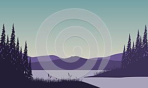 Fantastic mountain panorama from the riverbank in the morning with the silhouette of pine trees around it. Vector
