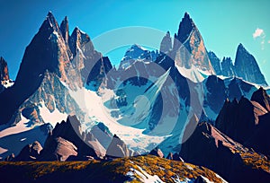 Fantastic mountain peaks with snow on top. Picturesque landscape with Alps. Generative Ai Art