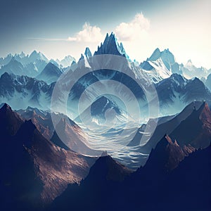 Fantastic mountain peaks with snow on top. Picturesque landscape with Alps. Generative Ai Art