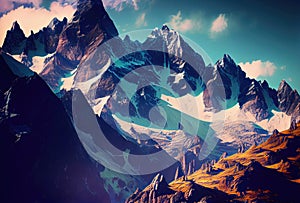 Fantastic mountain peaks with snow on top. Picturesque landscape with Alps. Generative Ai Art