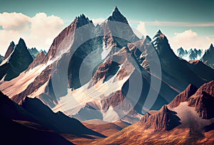 Fantastic mountain peaks with snow on top. Picturesque landscape with Alps. Generative Ai Art