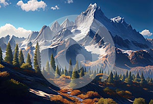 Fantastic mountain peaks with snow on top. Picturesque landscape with Alps. Generative Ai Art
