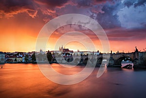 Fantastic natural phenomena summer storm over Charles bridge, Pr