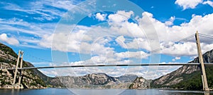 Fantastic nature landscape view of the fjord, mountains and bridge. Location: Lysefjorden, Forsand, Norway, Europe. Artistic pict