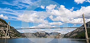 Fantastic nature landscape view of the fjord, mountains and bridge. Location: Lysefjorden, Forsand, Norway, Europe. Artistic pict