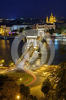 Fantastic night view of Budapest. Chain bridge across the Danube