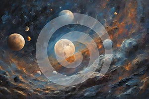 Fantastic oil painting beautiful big planet moon among stars in universe