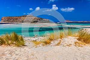 Fantastic panorama of Balos Lagoon and Gramvousa island on Crete, Greece. Cap tigani in the center. Balos beach on Crete island,