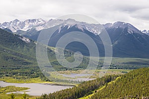 Fantastic  panorama of Banff. Nature landscape - snowy peaks mountains, clear lakes and forests. Tourism Alberta, Canada