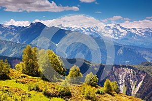 Fantastic panorama on the High Caucasus ridge in the morning light. Location place Svaneti, Mestia, Georgia, Europe