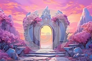 Fantastic paradise gate decorated with outlandish plants and flowers against pink sunset. Columns with an arch. Road to paradise