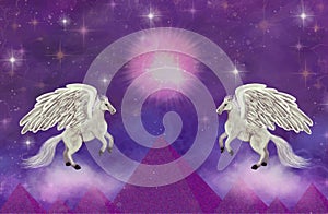 Fantastic Pegasus against the background of a purple galaxy and pyramids, bright abstract background, mystical universe